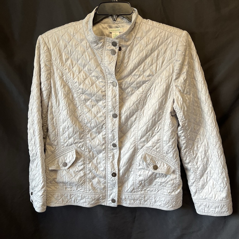 LAURA ASHLEY Women's Silver Gray Quilted Jacket Coat Size‎ L Zip Pockets Warm